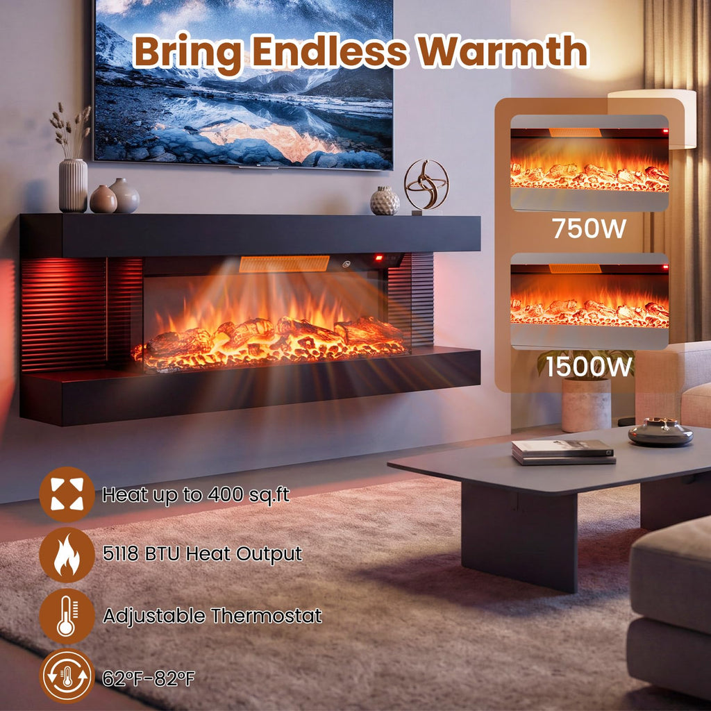 3 Sided Wall Mount Electric Fireplace w/ 40" Floating Mantel, Black