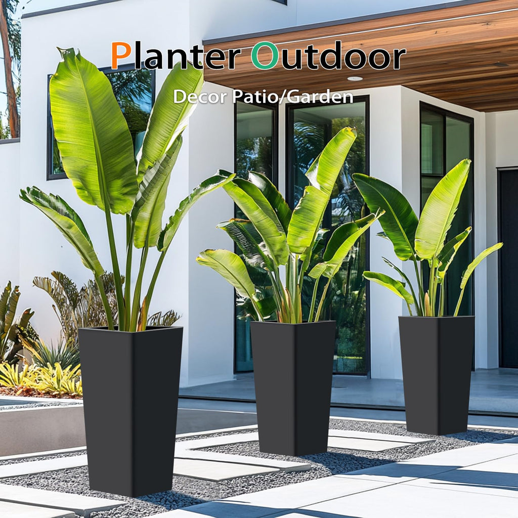 Tall Planters for Outdoor Plants, Large Resin Flower Pots for Garden, Front Porch, Patio, Indoor - Set of 2 (Black