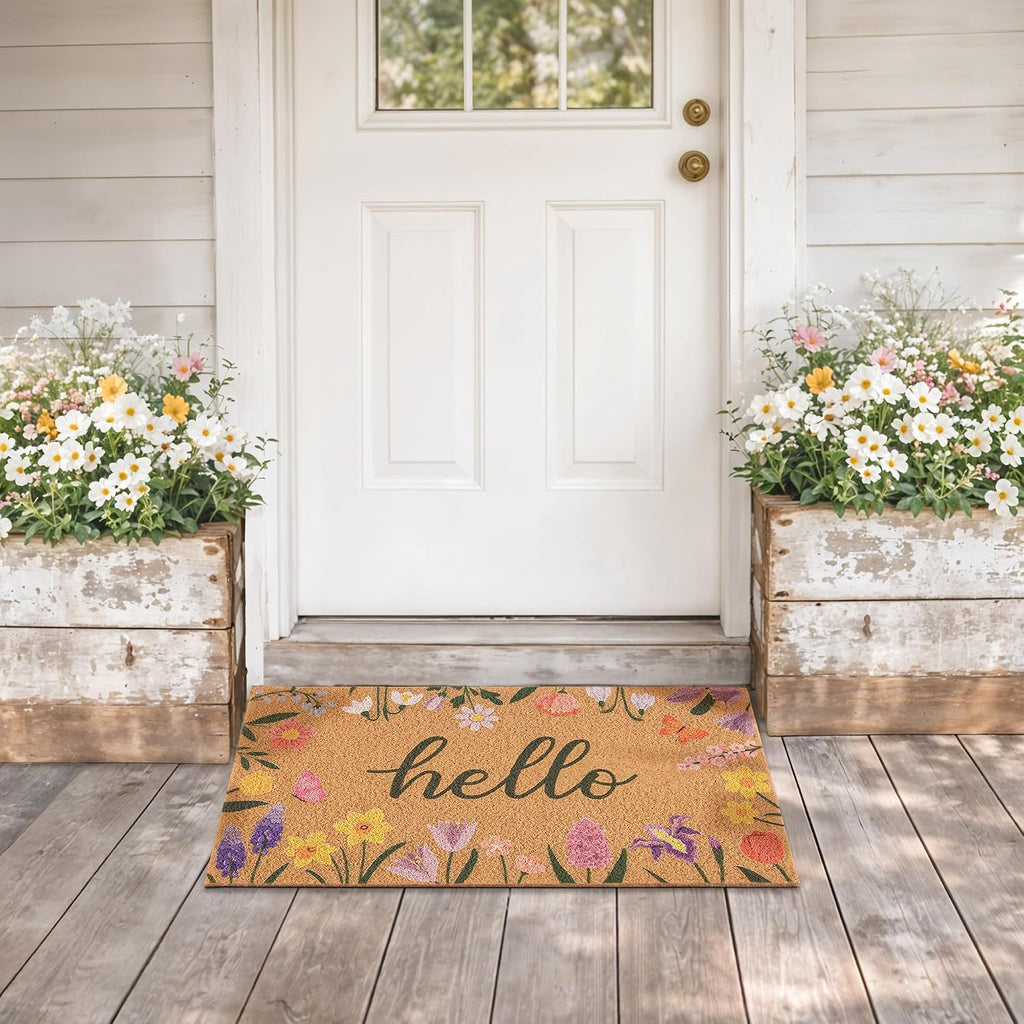 Wildflower Welcome Mat 17 x 29 5 27 6 x 43 3 Green White Striped Rug T