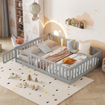 Floor Bed Frame with Fence & Slats, Rubber Wood Montessori Floor Bed with Safety Guardrails &