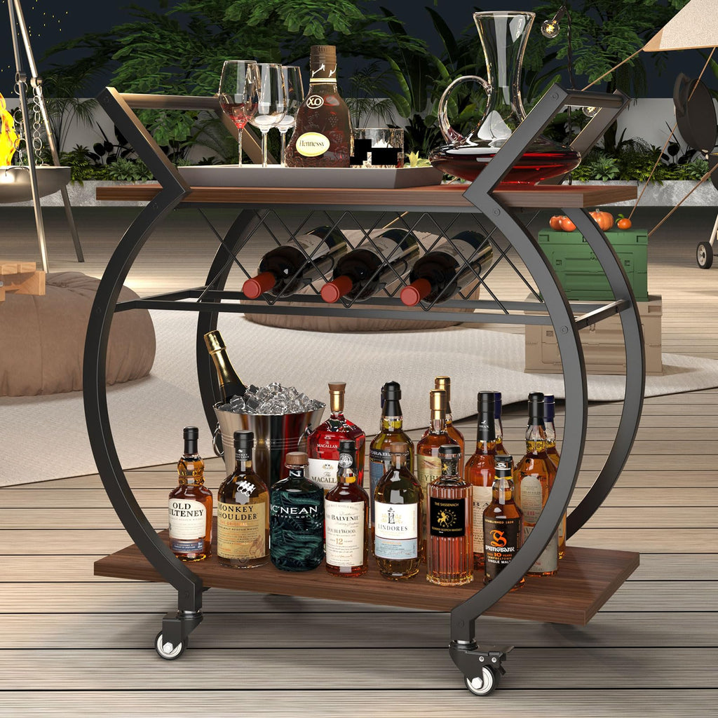 Modern Bar Cart, Industrial Rolling Wine Cart with Wine Rack, Walnut