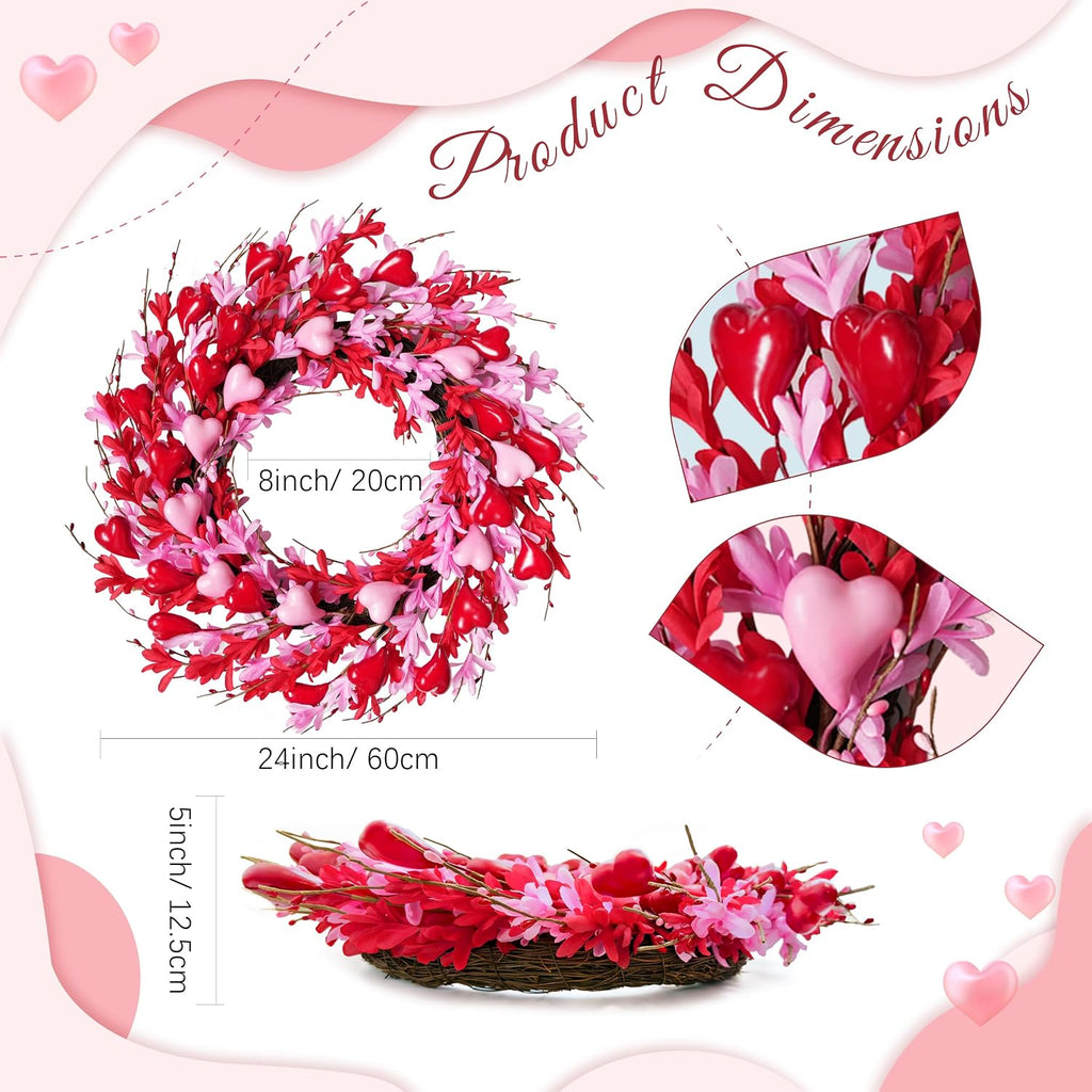 24'' Valentine's Day Wreath for Front Door, Handmade Spring Flower Garland with Red Berries and Pink Love Heart