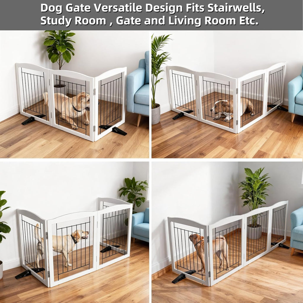 Freestanding Dog Fence Indoor, Foldable Dog Gate for Doorways, Stairs or Hallways, Sturdy Wood Extra Wide Pet Gate