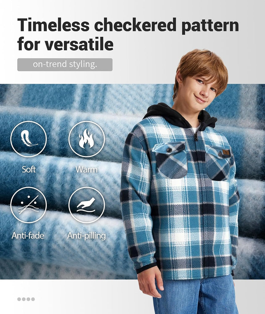 Boys Flannel Jacket Sherpa Lined Zip Up Hoodie