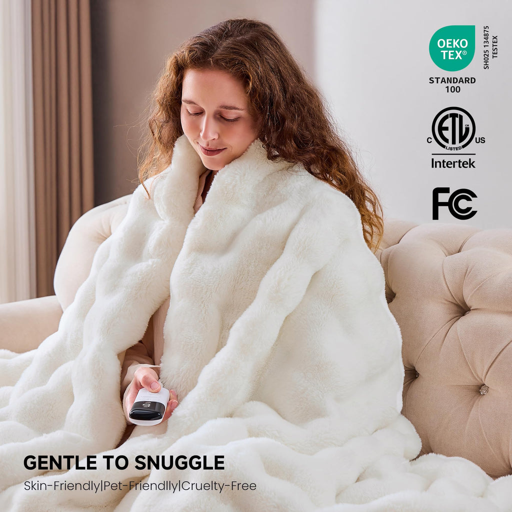 Faux Fur Cozy Heated Blanket Throw Size, Cream, 50"x62"