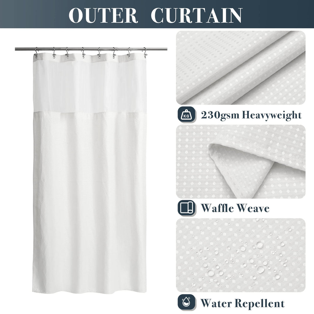 48 x 72 Waffle Weave Shower Curtain with Snap-in Liner Set White