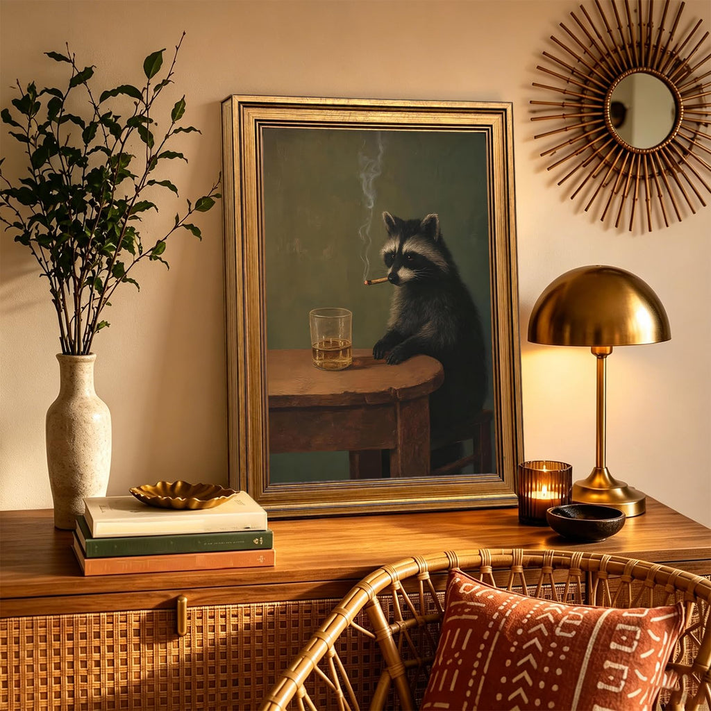 Vintage Gold Framed Whimsical Raccoon Wall Art, Funny Dark Academia Raccoon Pictures Wall Decor, Moody Cool Animal