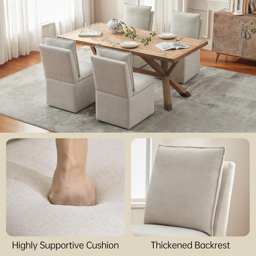 Upholstered Dining Chairs Set of 2, Modern Rolling Chairs with Storage and Wheels, Linen Armless Chair with Cushion
