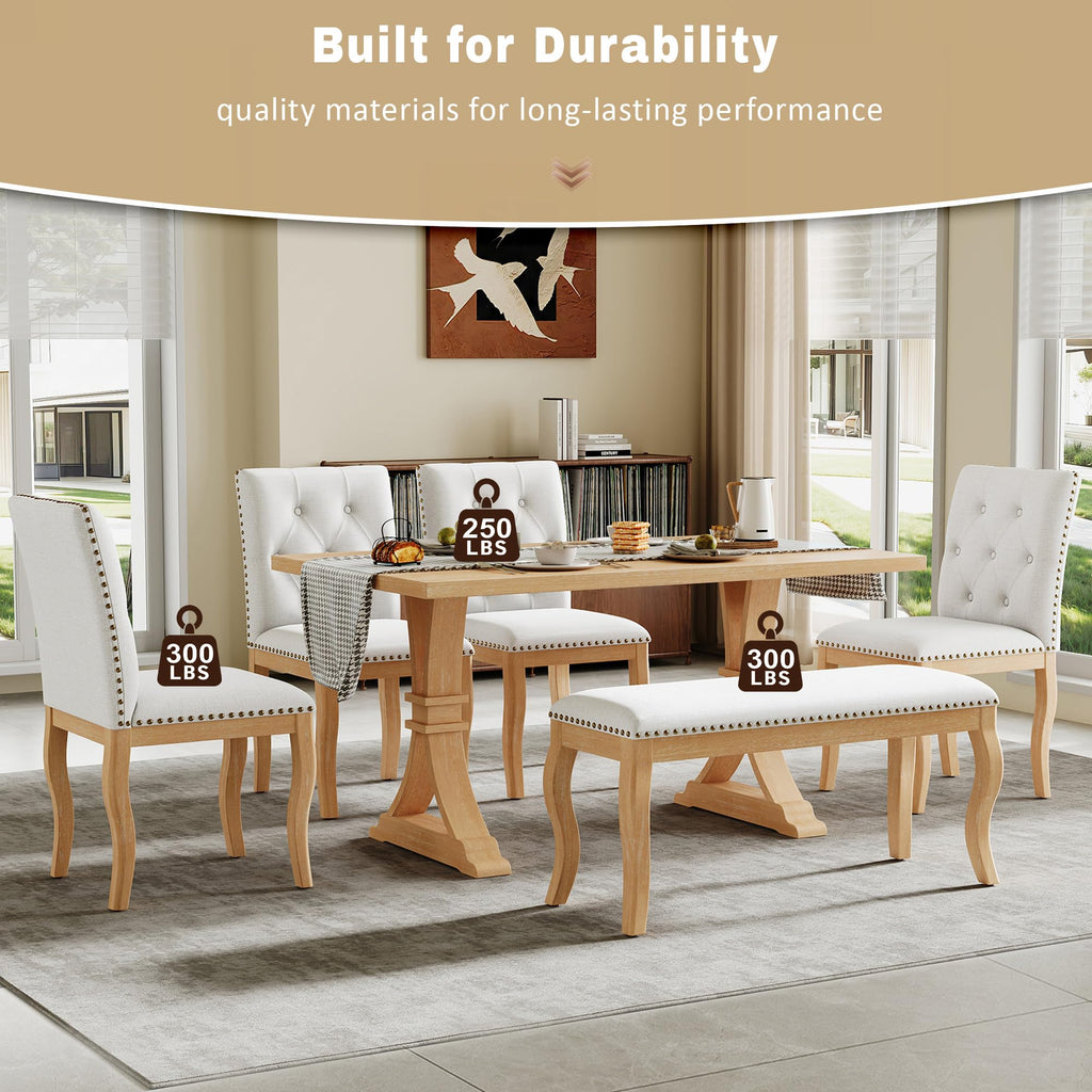 6-Piece Farmhouse Dining Table Set with Bench, Solid Wood Dining Room Table Set with 4 Upholstered Button Tufted