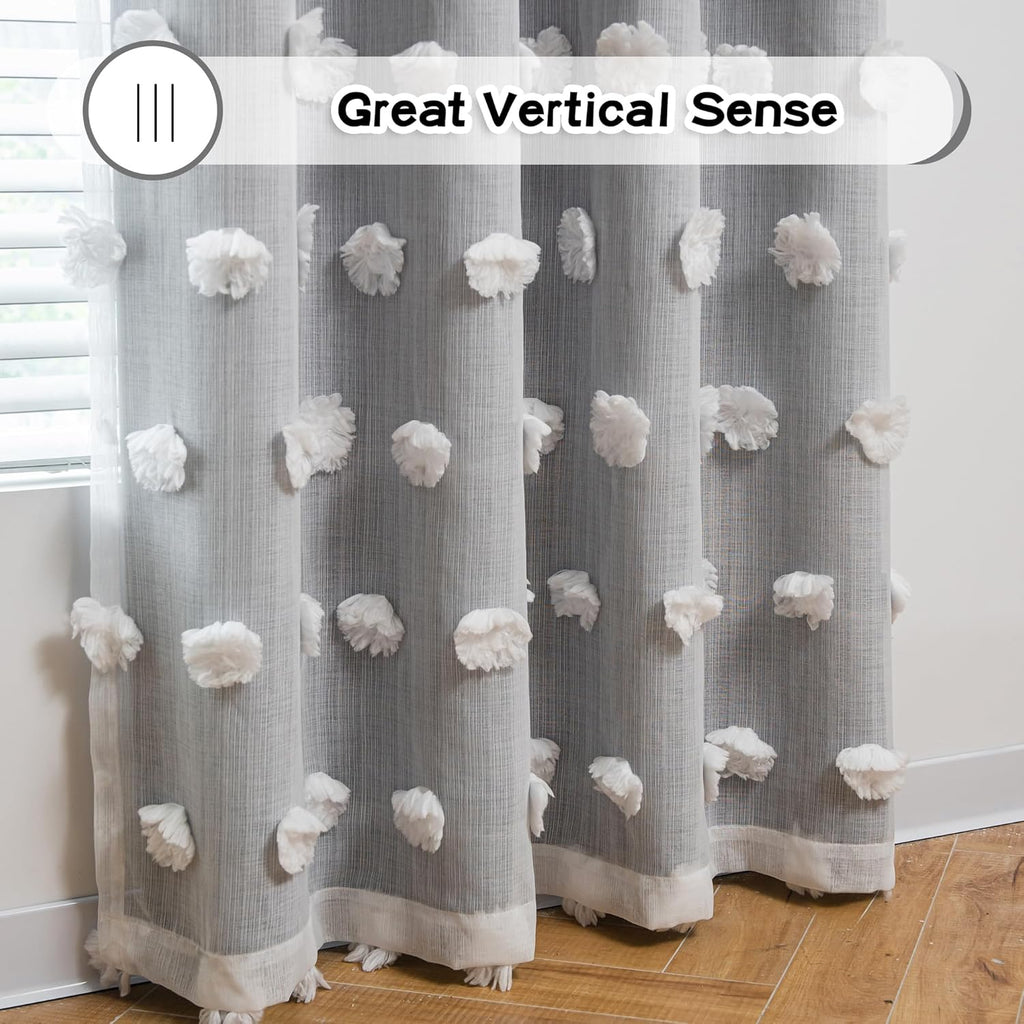 Living Room Curtains, 84 Inch Long Grey Blackout Curtains with Pom Pom Trim, Double Layer Sheer Drapes for Kids Room