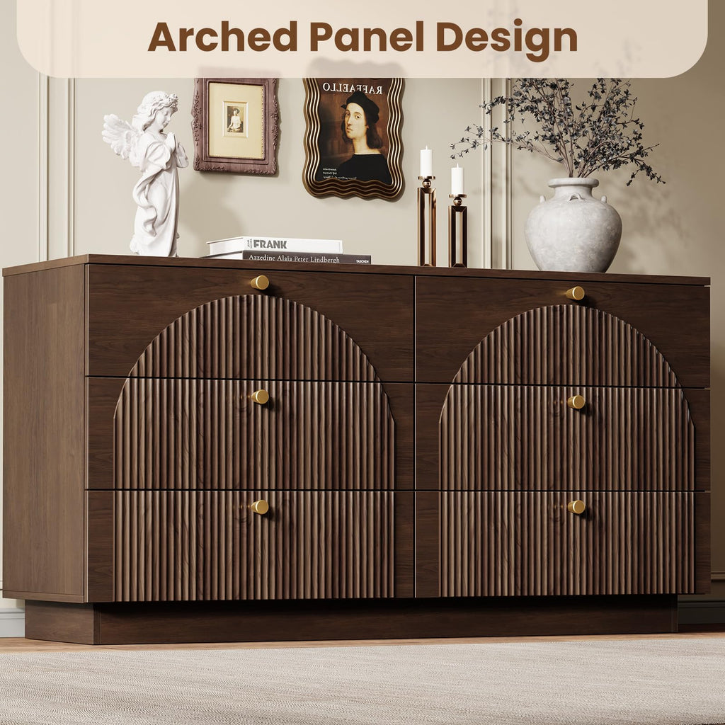 Arched Fluted Dresser with 6 Drawers 55" Wide Walnut