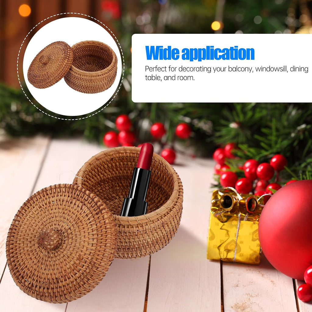 Handwoven Rattan Storage Box with Lid, Small Round Wicker Basket for Desktop Organization, Bathroom Shelf, Dresser
