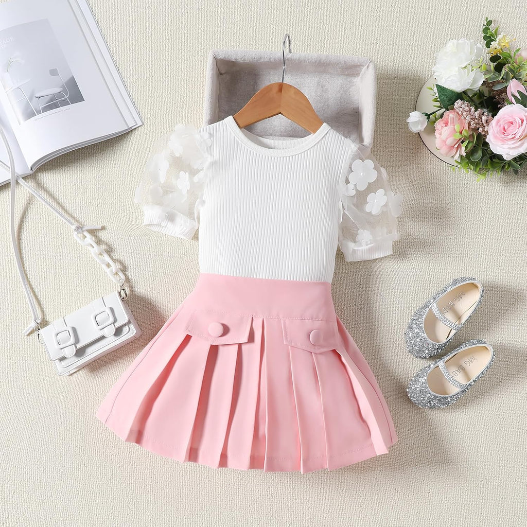 Toddler Baby Girl Skirts Outfit Spring Summer Kids Clothes Sleeveless Knit Vest Top + Pleated A-Line Skirt Set