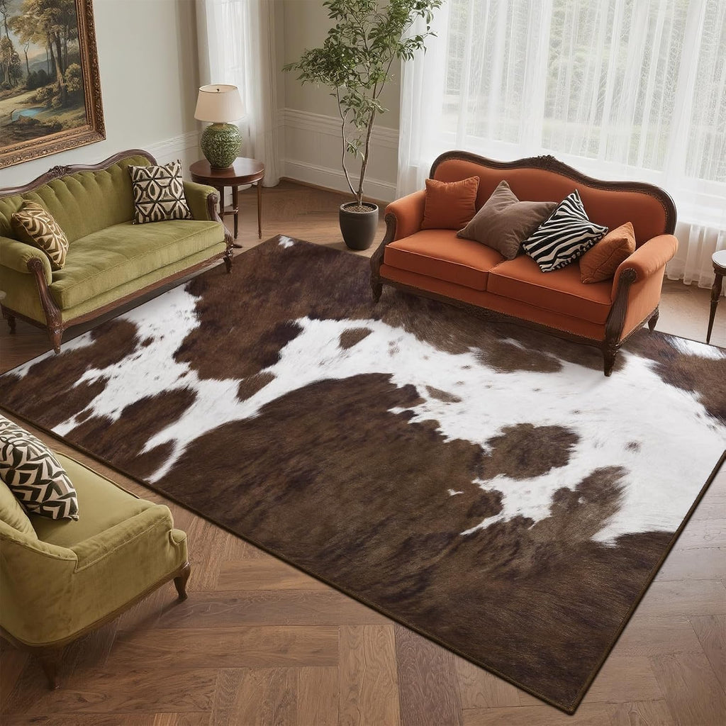 Cow Print Rug - Brown Faux Cowhide Rugs, Washable Soft Non-Slip Stain Resistant Animal Cow Hide Carpet Bedroom
