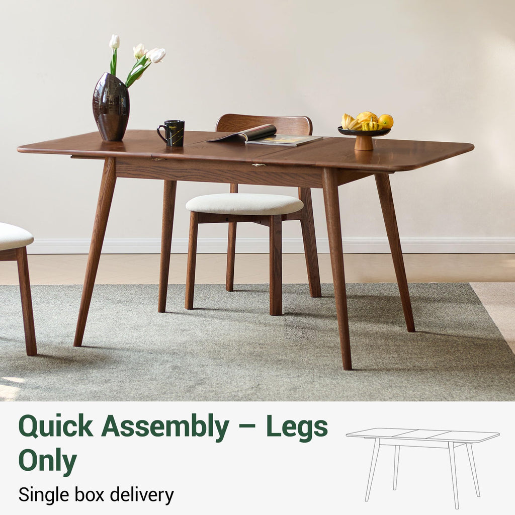 39''-55'' 100% Oak Extendable Dining Table, Solid Wood Folding Kitchen Table, Mid Century Modern Dinner Table