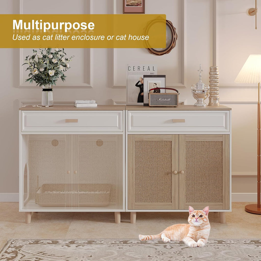 Cat Litter Box Enclosure Furniture Hidden Indoor 2-in-1 Wooden Cat House & Washroom Cabinet with Scratching Board