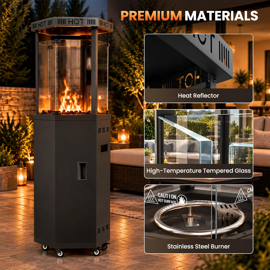 Outdoor Patio Heater, 41, 000 BTU Propane Glass Flame Tower with Wheels