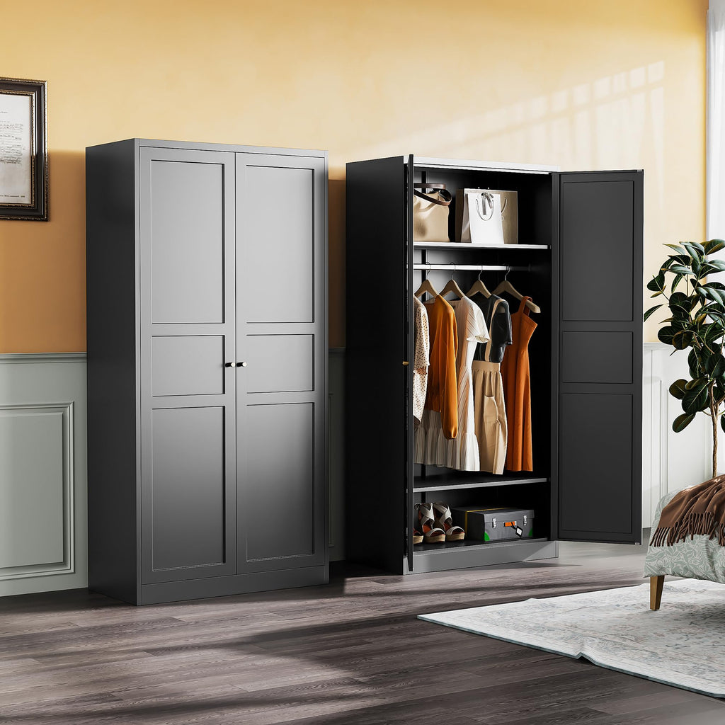 Metal Wardrobe Cabinet with Hanging Rod, Black Armoire Wardrobe Closet, Metal Clothing Storage Cabinet with Adjustable