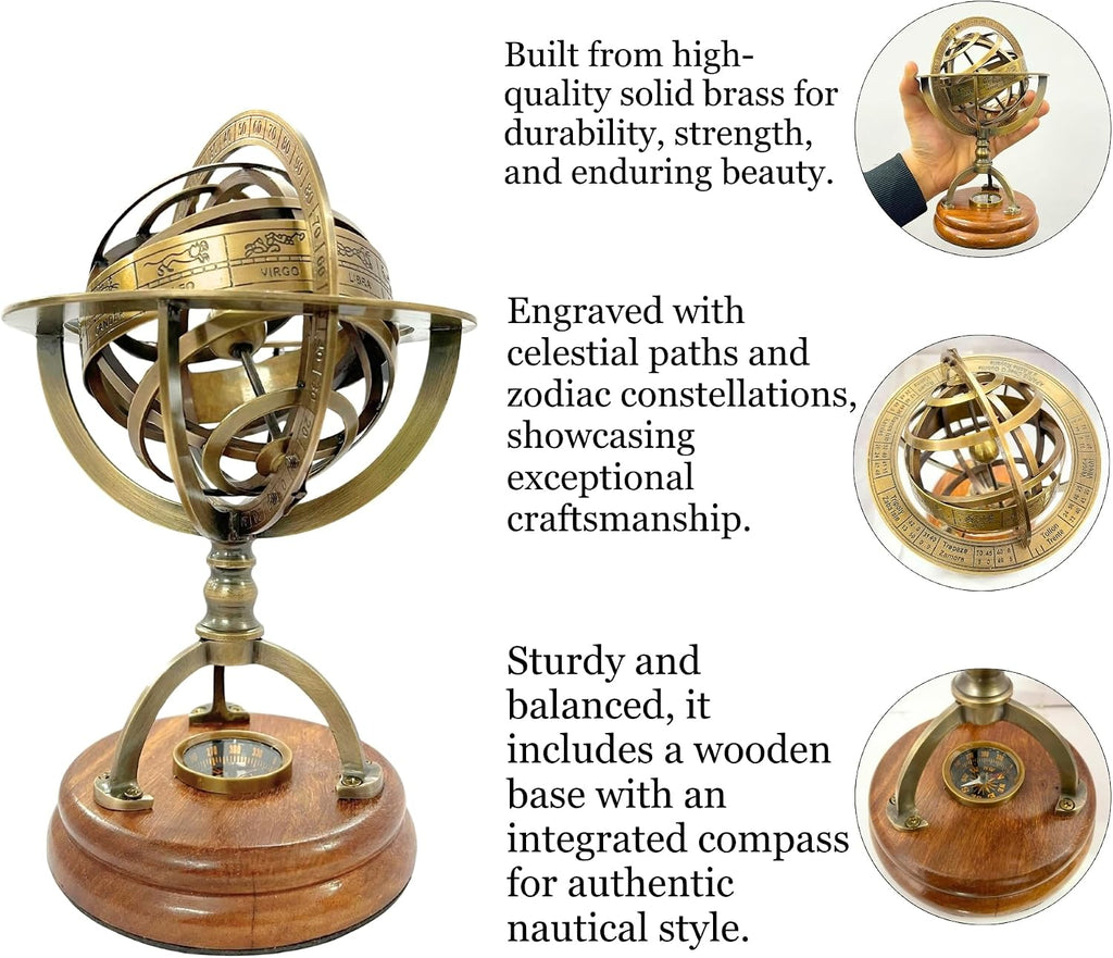 Armillary Sphere Globe with Celestial Engravings, Compass at Center for Authentic Navigation, and a Sturdy Elegant