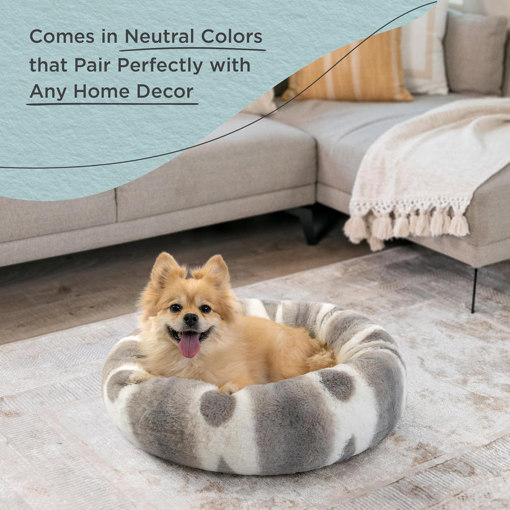 Patterned Lux Faux Fur Calming Donut Dog Bed, Gray, Small, 23x23