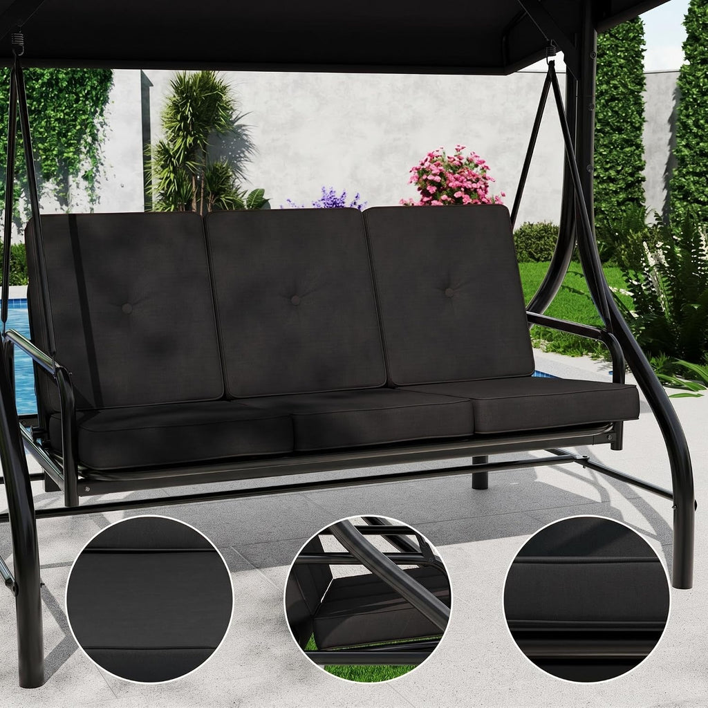 Porch Swing with Stand, 3 Seat Outdoor Patio Swing, 2-in-1 Convertible Swing Bed, Stepless Adjustable UV Resistant