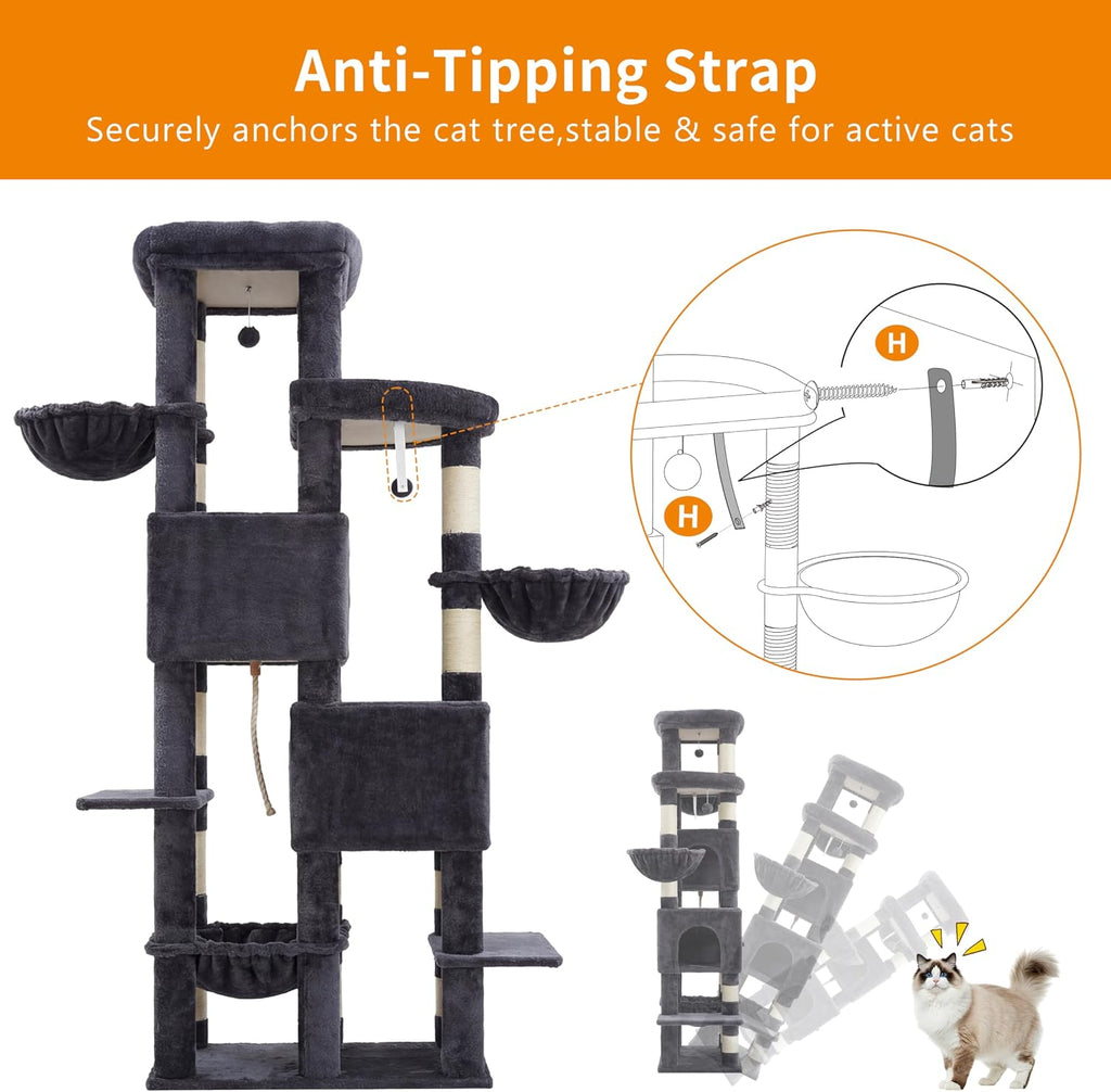Cat Tree, 74.8-Inch Spacious & Tall Cat Tower for Large Cats