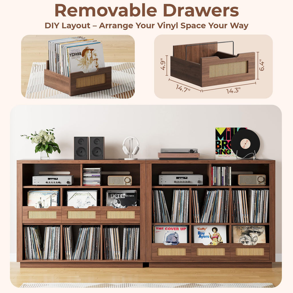 3-Tier Record Player Stand with Charging Station, Vinyl Storage