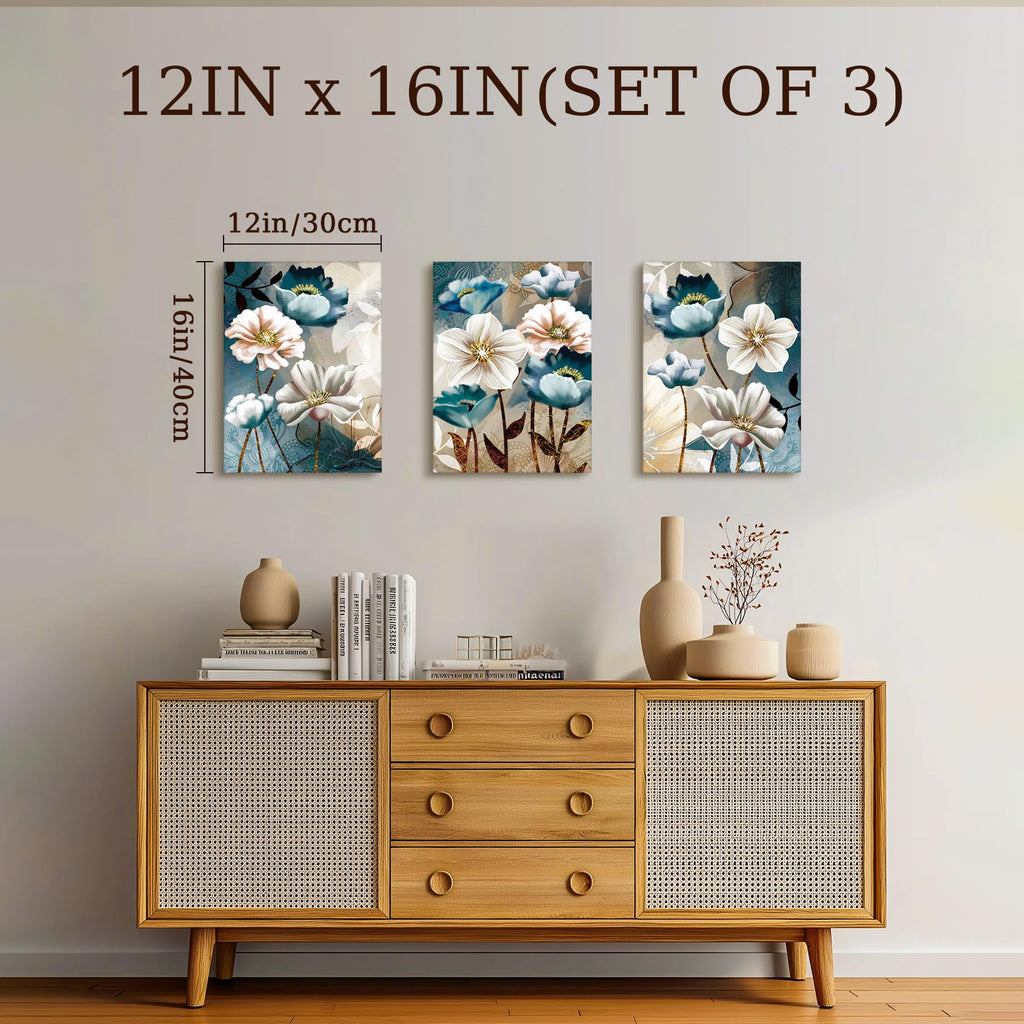 3 Piece Blue Lotus Wall Art, Floral Canvas Prints