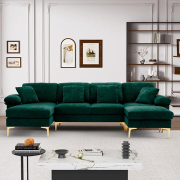 114" U-Shaped Sectional Couch with Ottoman, Emerald Green