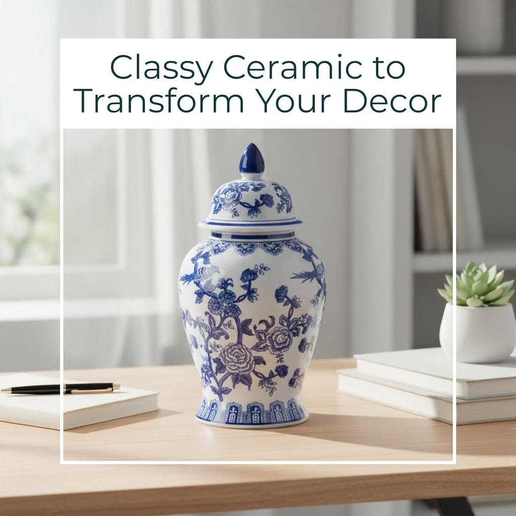 Decorative Ginger Jar Decor - Ceramic Jar With Lid, Chinoiserie Pattern, Large Tabletop Accent or Entry Shelf
