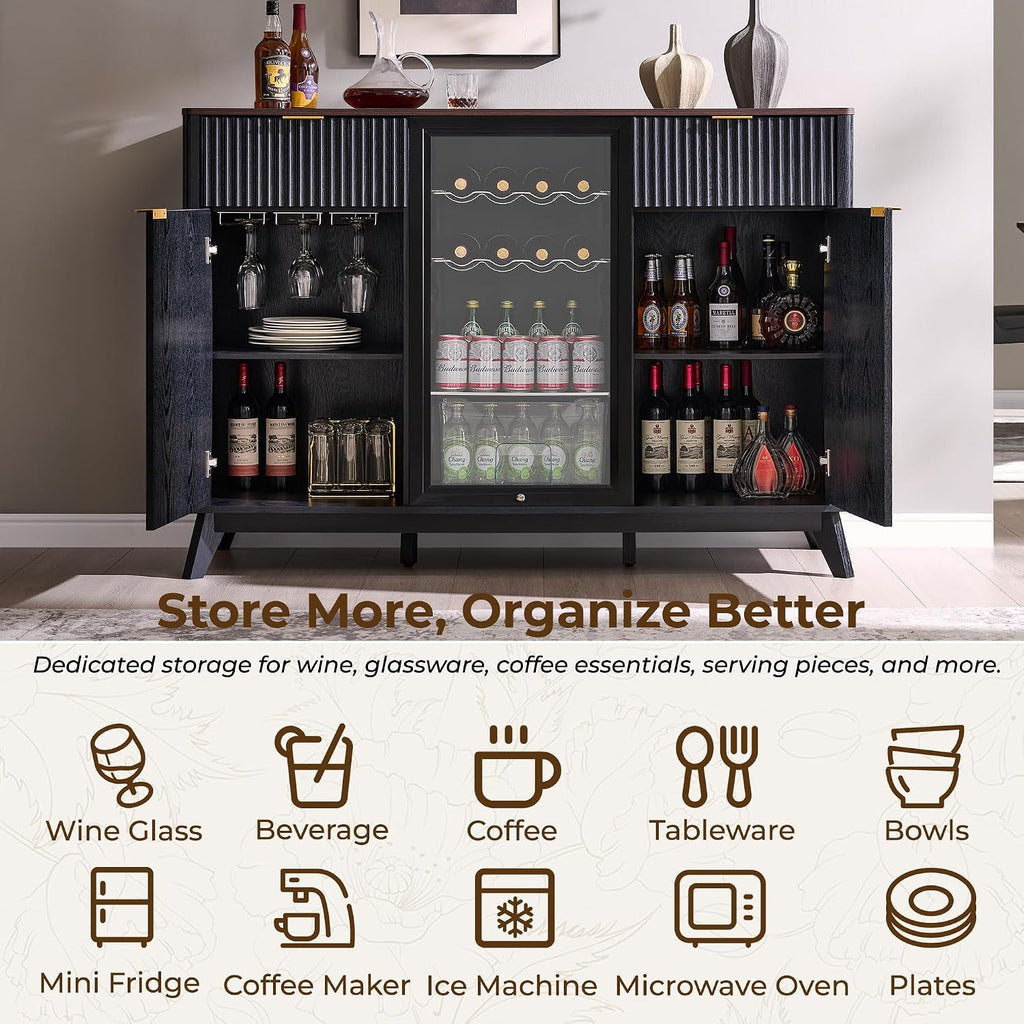 60" Fluted Coffee Bar Cabinet with Mini Fridge Space, Black and Walnut | Mini Fridge Compatible, Built In Charging