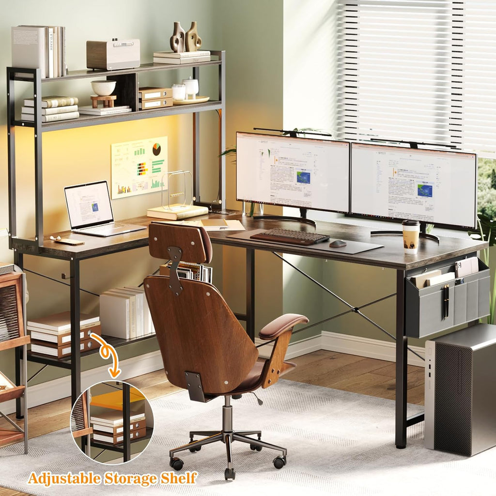 L Shaped Desk Gaming Desk, 59" L Shaped Computer Desk with LED Light & Power Outlet