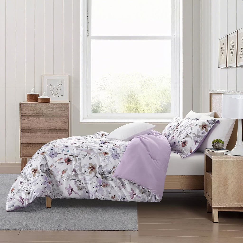 3 Piece Queen Comforter Set, Purple Floral Bedding, Soft Microfiber Comforter with Pillow Shams, Romantic French