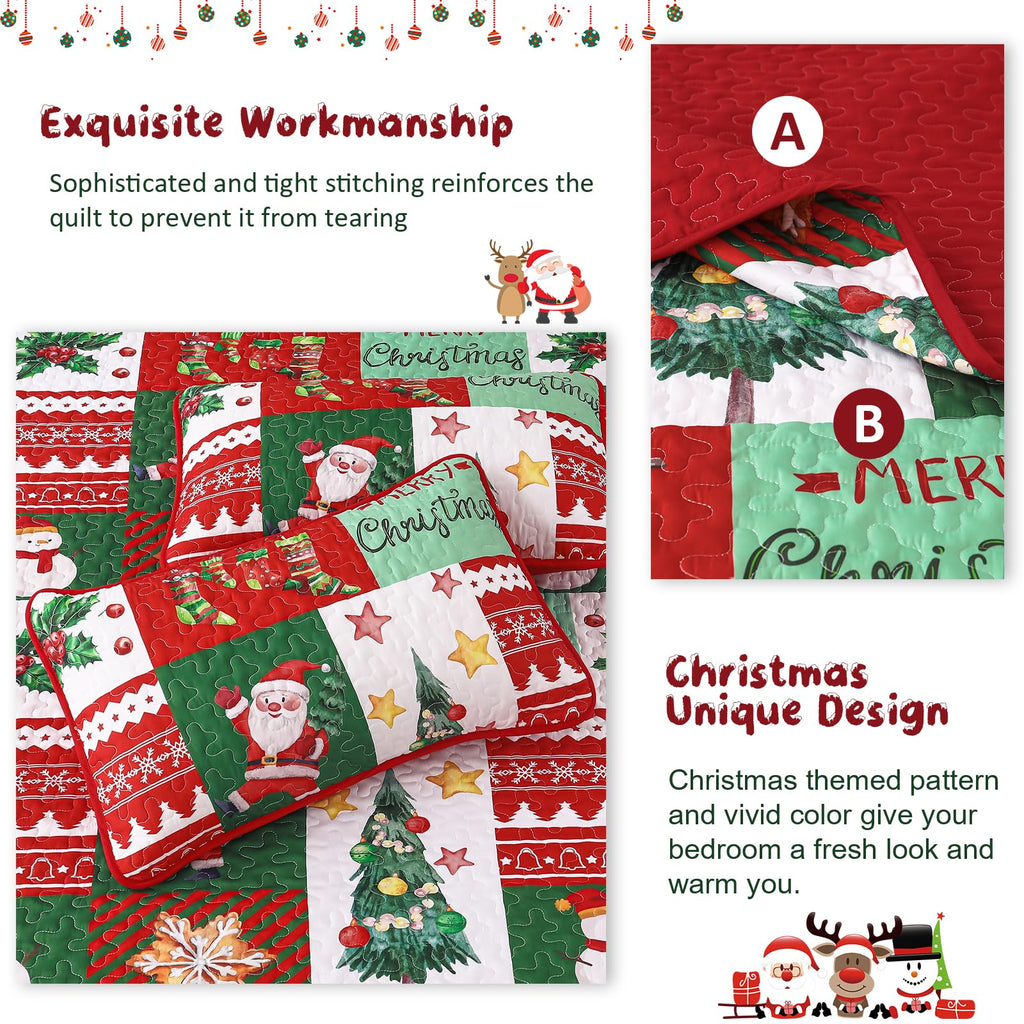 Christmas Quilt Set King Size, 3 Pieces Microfiber Bedspread