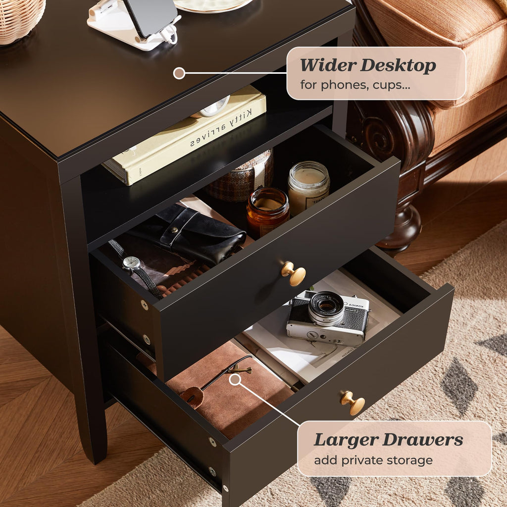 Nightstand with Charging Station, Black Nightstand with 2 Drawers