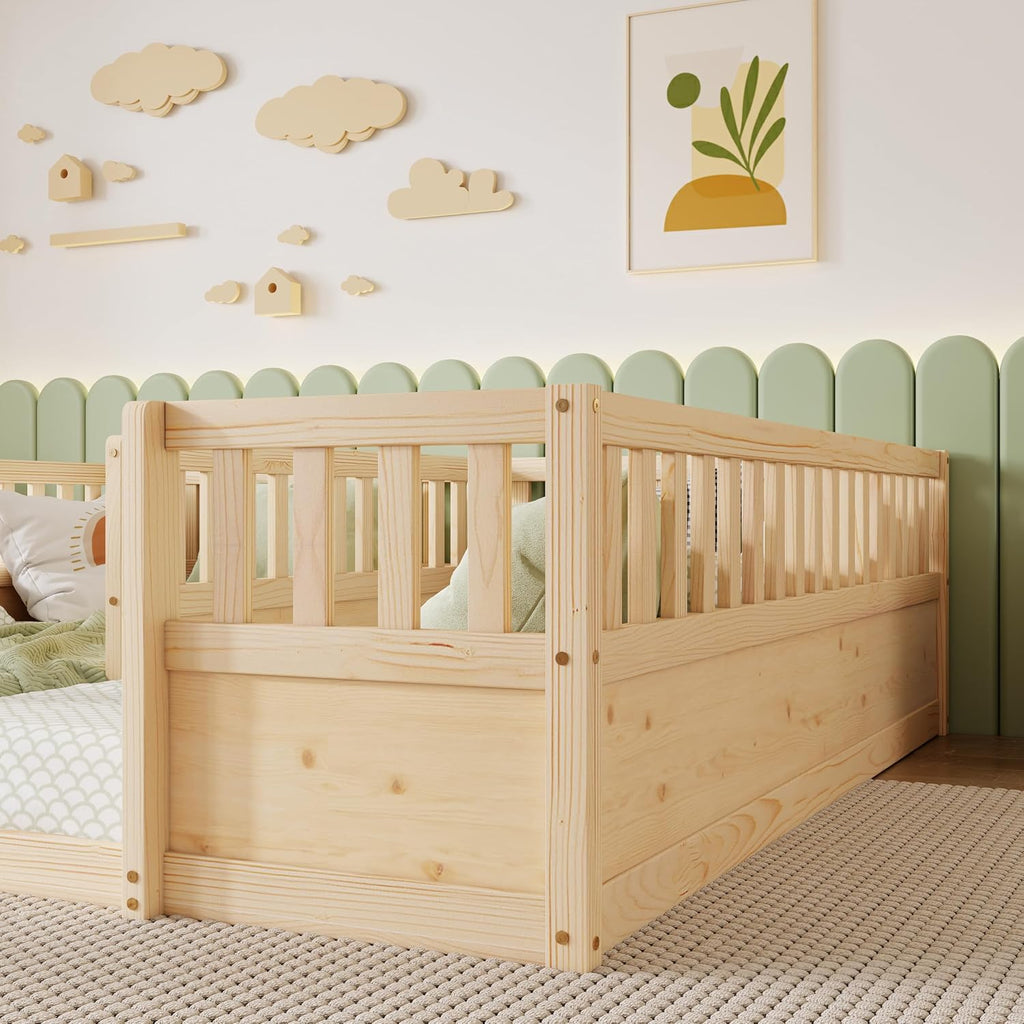 Double Bed with High Fence, Montessori Floor Bed for 2 Kids, Natural