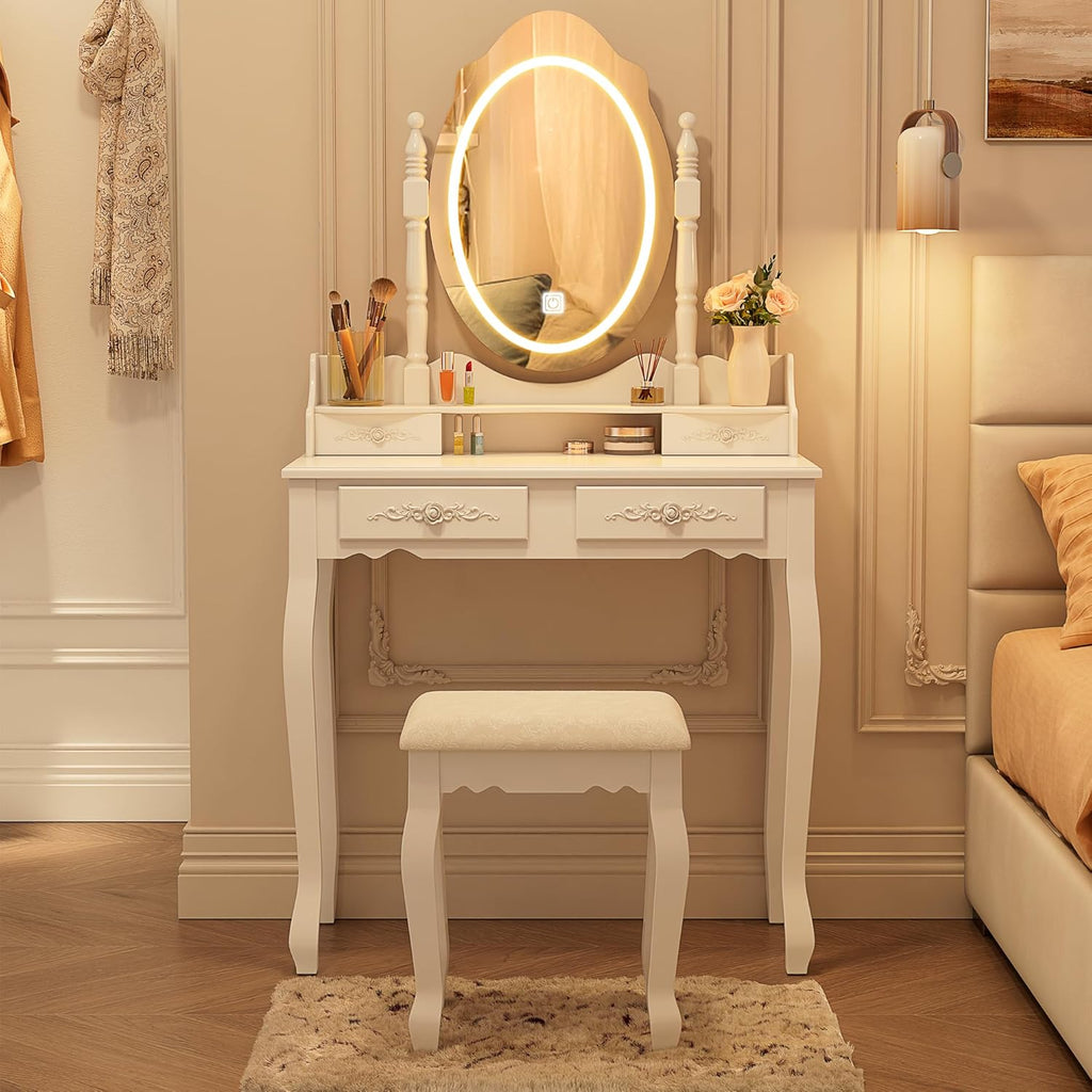 Vanity Desk with Mirror and Lights, Makeup Table with Cushioned Stool Set | Modern Vanity with 4 Drawers, 3 Color