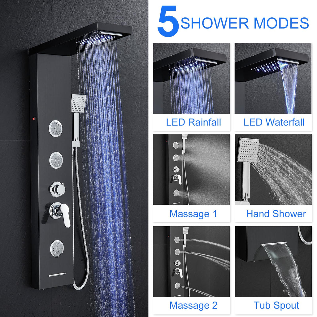 LED Shower Panel System with Massage Jets Stainless Steel Black