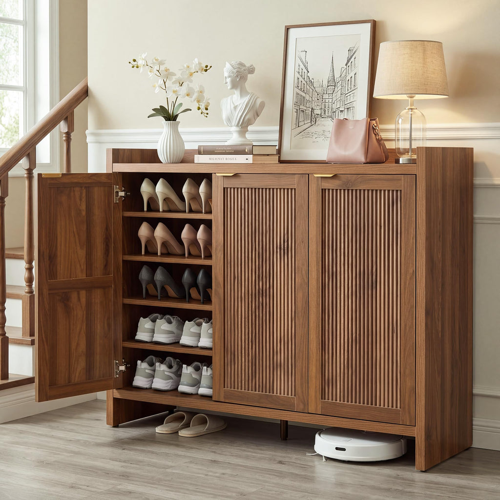 Fluted Walnut Shoe Cabinet with 3 Doors, 5-Tier Storage