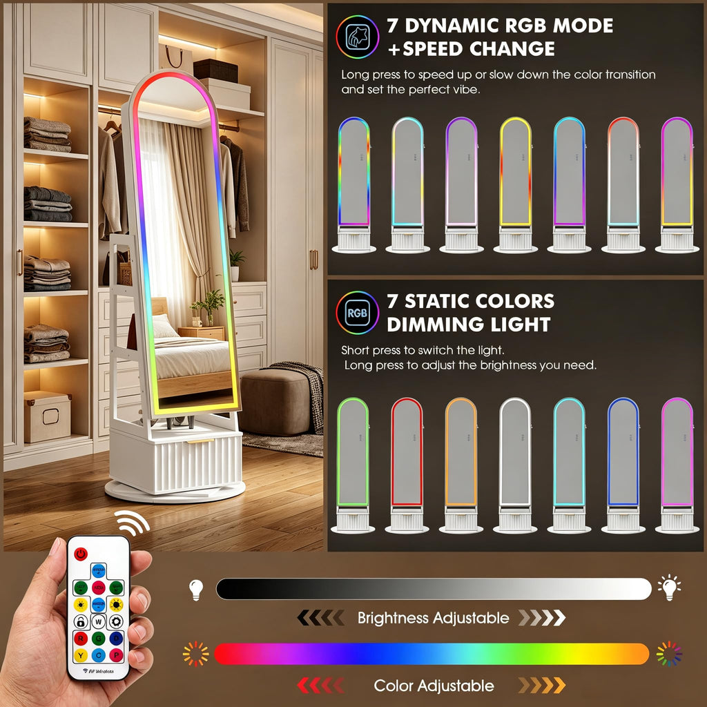 RGB Jewelry Cabinet with Full Length Mirror, 360° Swivel & Remote Control