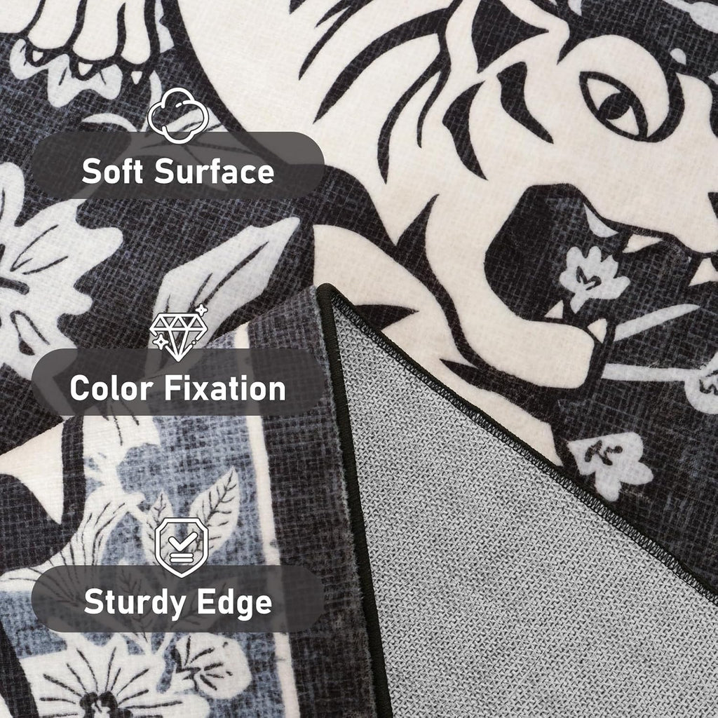 Tiger Washable Rugs, Boho Bedroom Rug Non-Slip Jungle Floral Area Rug, Soft Stain Resistant Vintage Western