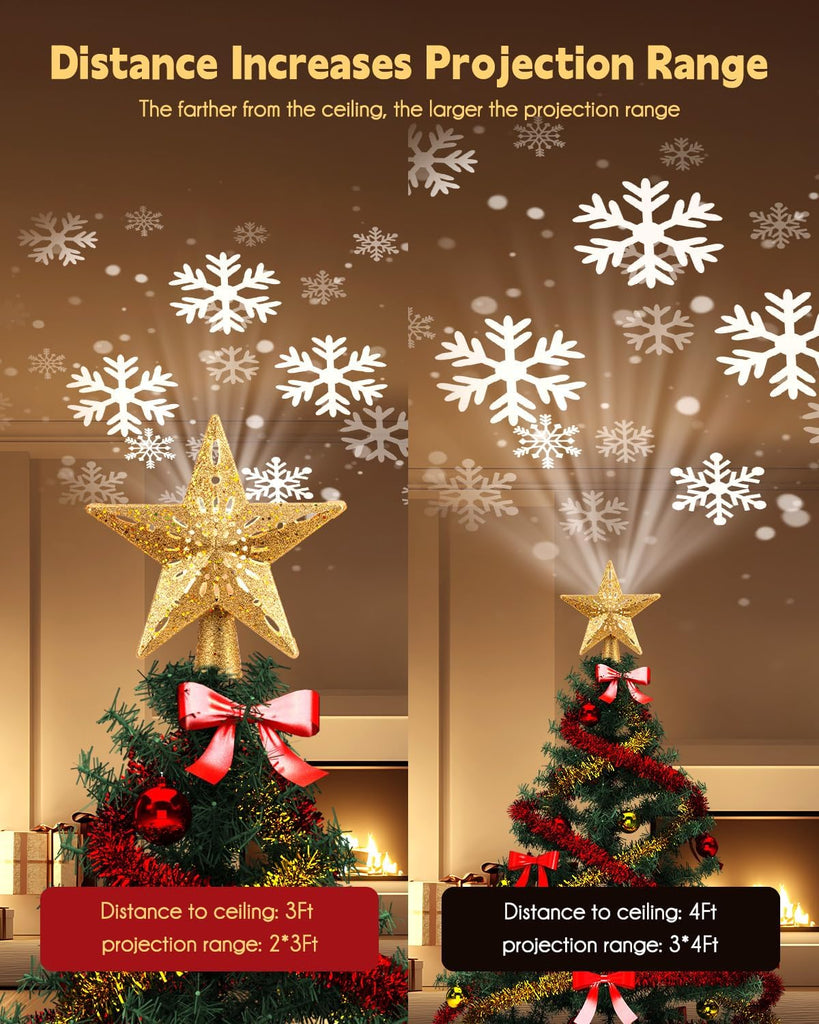 Christmas Star Tree Topper with Snowflake Projector Lights