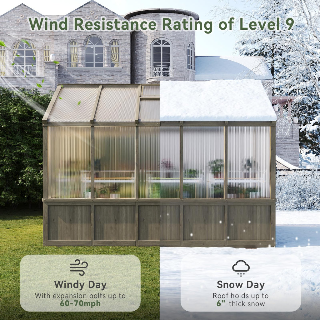 8x10 FT Wooden Greenhouse for Outdoors, 6MM Thick Polycarbonate Panel Walk-in Green House Kit with Adjustable Roof