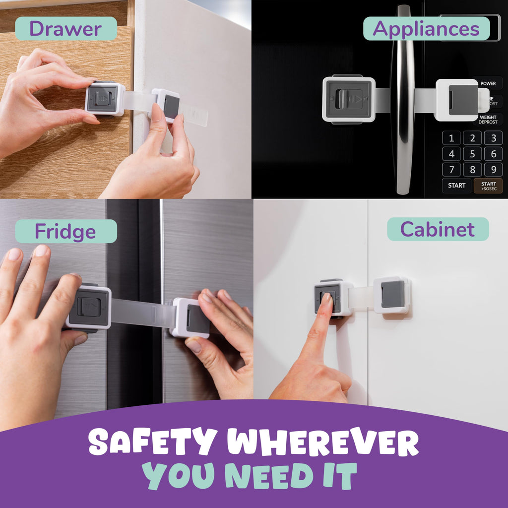 Child Safety Locks (4-Pack) - Baby Proof Cabinets, Drawers, Toilets & Appliances- Adjustable Strap Length, Double