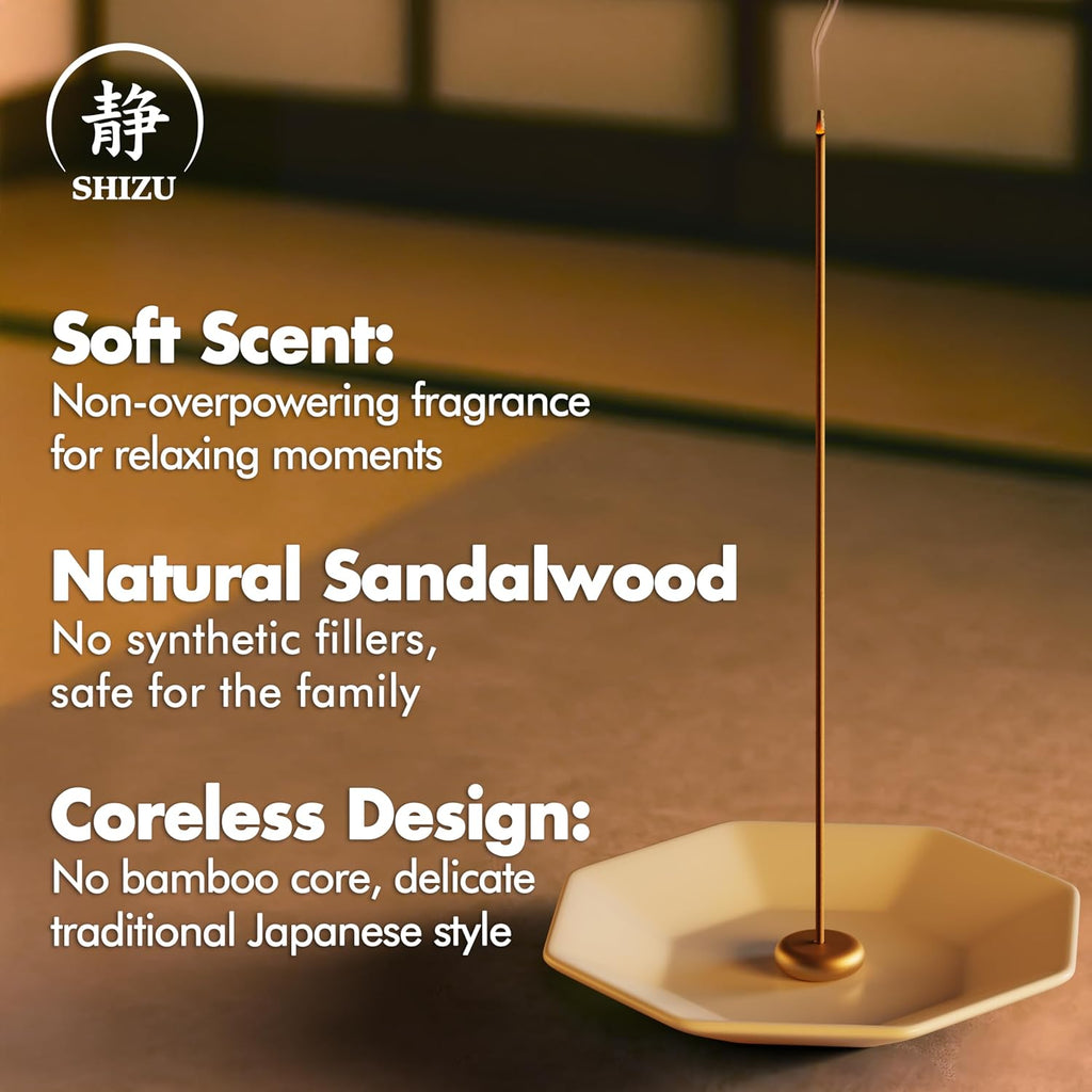 Sandalwood Incense Sticks - Artisanal Temple Grade Japanese Incense with Brass Holder - Subtle, Calming Scent - Set of 60