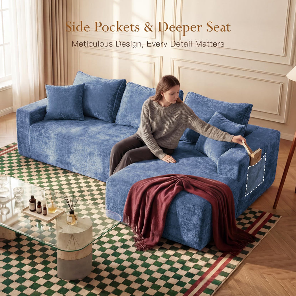 95" Boneless Couch, L-Shape Sectional with Right Chaise, Blue