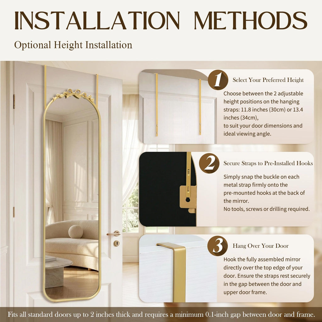 Door Mirror Full Length: 14"x50" Gold Bow Over The Door Hanging