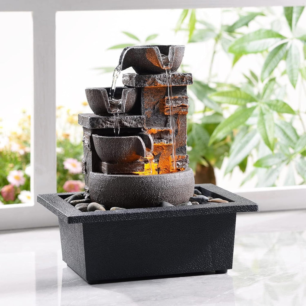 Décor Desktop Fountain - 10" 4-Tier Design with Imitation Stone, Indoor Waterfall Tabletop River Rocks & Resin