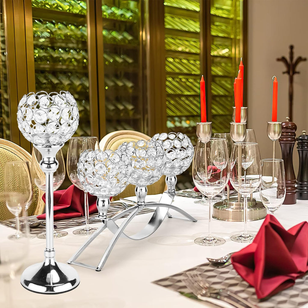 Silver Crystal Candle Holders, Decorative Arch Candelabra Centerpieces for Tables, 3-Arm Candlesticks Holder and 2
