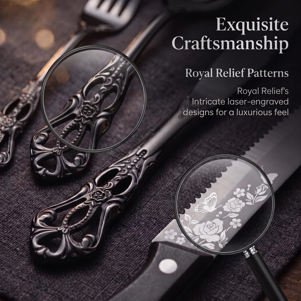 Black Silverware Set For 8, 48 PCS Retro Royal Silverware Flatware Set with Black Spoons Forks Knives Set, Mirror